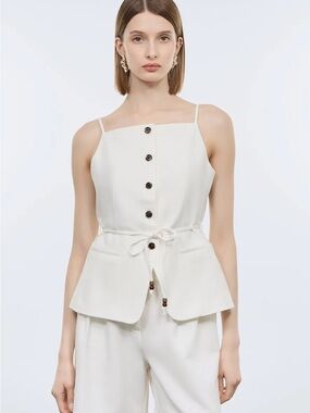 ZARA White Button-Front Tie-Waist Sleeveless Top